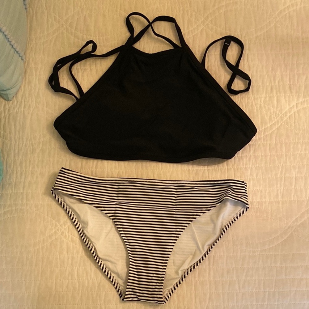 Black Bikini Top and Striped Bottoms